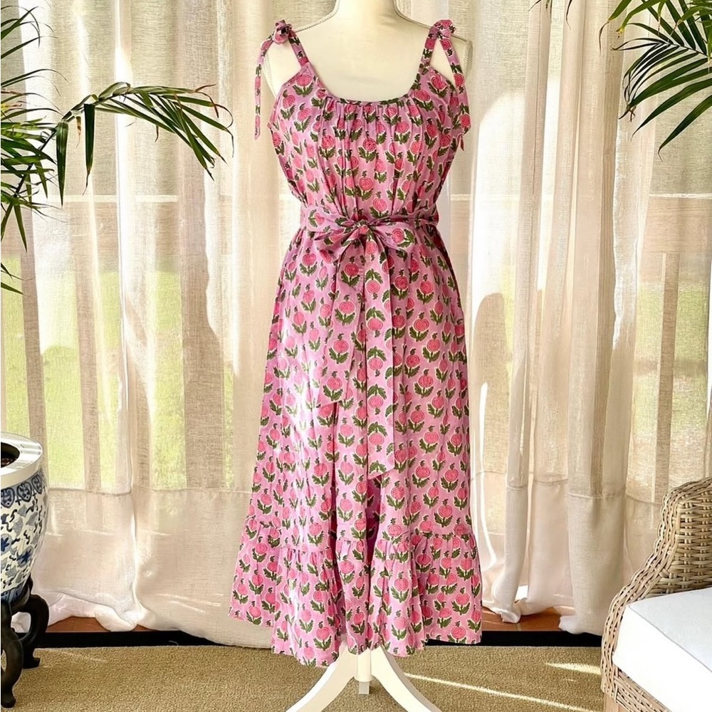 Chic Pink Floral Midi Dress with Tie Straps